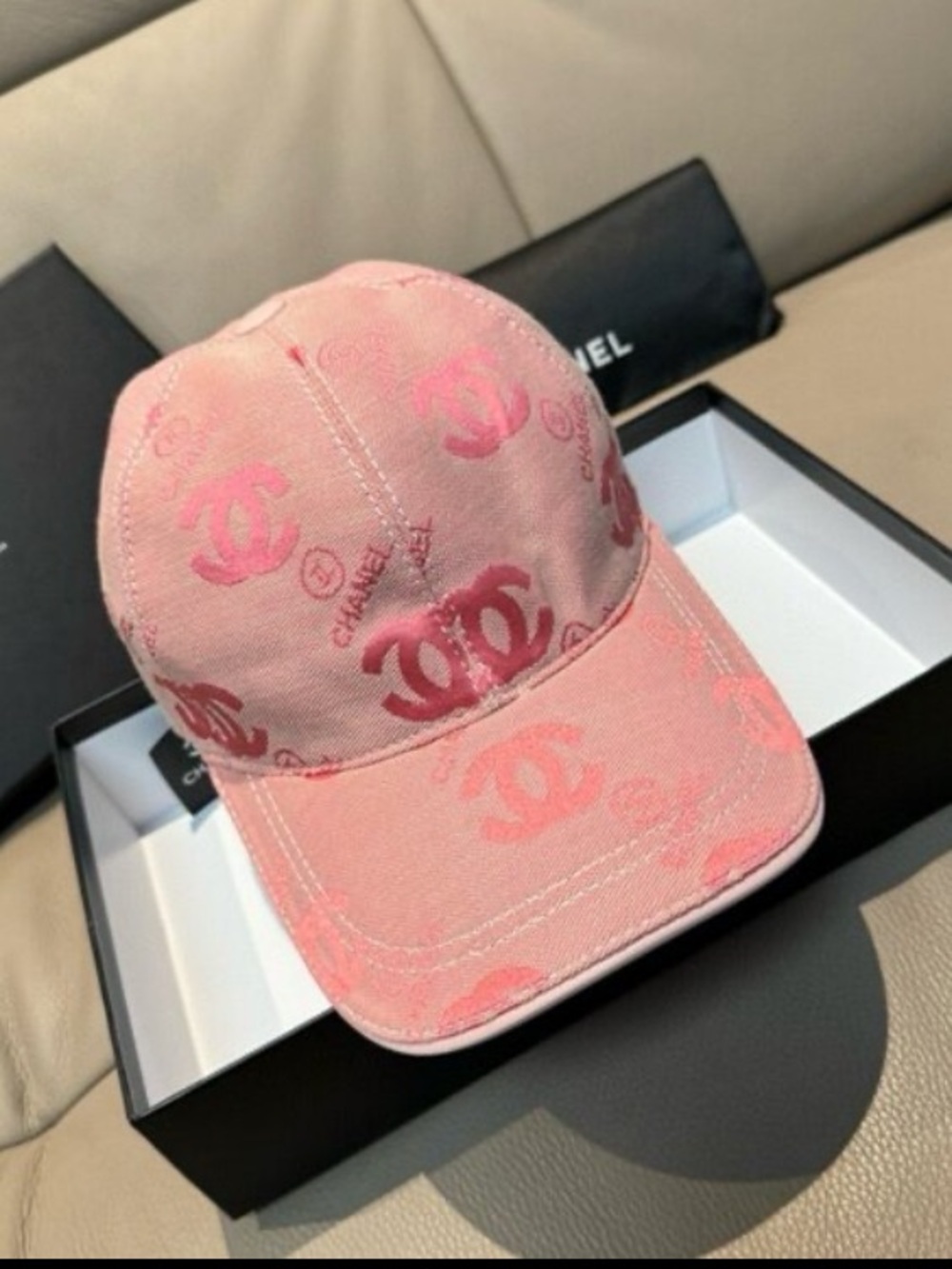 CHANEL. Pink Coral Monogram Baseball Cap